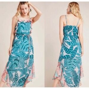 Farm Rio Anthropologie Ruffled Botanical Maxi Dress Tropical Teal Pink Small